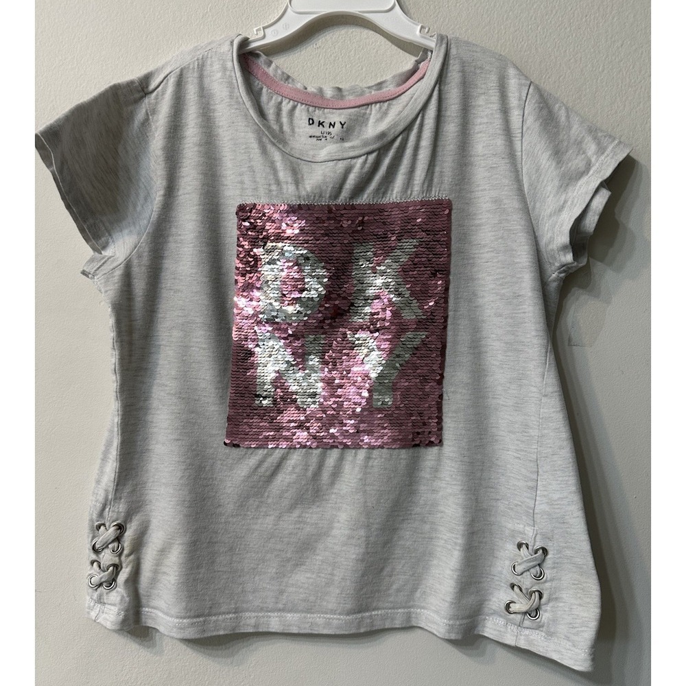 DKNY Girls Flip Sequin Graphic T-Shirt Gray Pink Lace Up Sides Top Size L 12